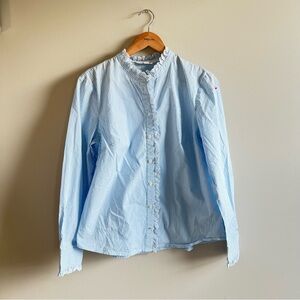 Boden Phoebe Shirt 100% Cotton Blue With Ruffled Trims Size US 12 Sleeve